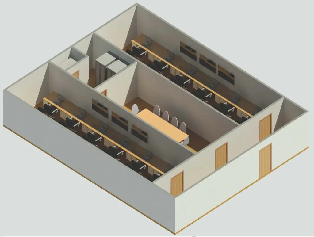 A 3 d image of the interior of an office building.