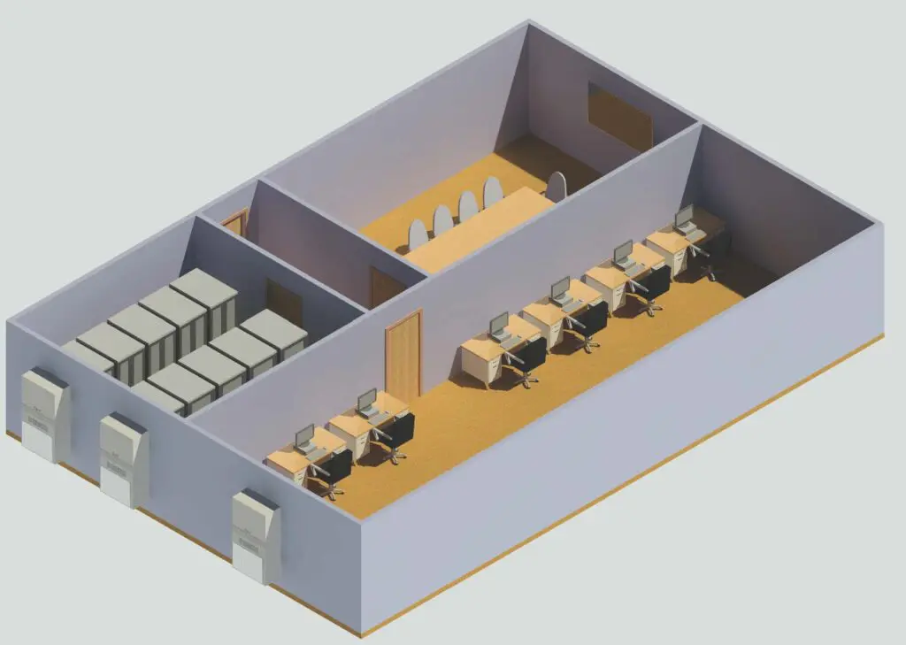 A 3 d rendering of the interior of an office space.