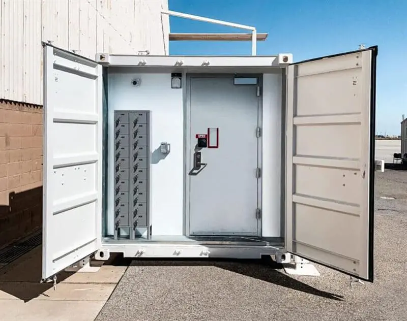 The outside of a container SCif with front door in view