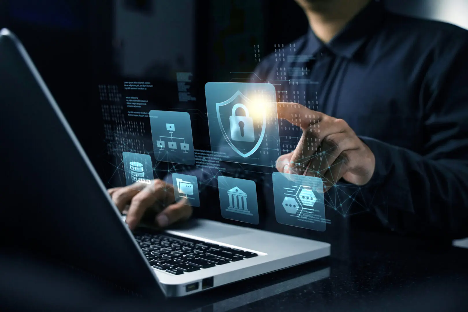Cyber security and privacy concept to protect data Lock icon and internet network security technology Businessman protects personal information on smartphone virtual screen interface. Cyber security and privacy concept to protect data Lock icon and internet network security technology Businessman protects personal information on smartphone virtual screen interface.
